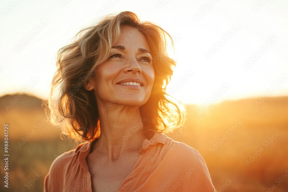 Happy mature woman in sunset light on solid white background, single object Happy mature woman in sunset light on solid white background, single object