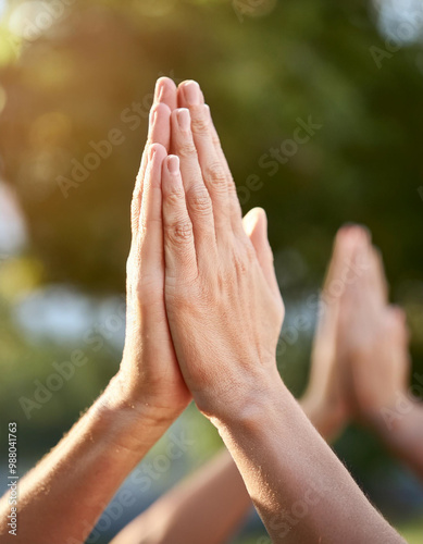 Fitness, tai chi and senior people in park for healthy body, wellness and active workout outdoors. Yoga, sports and men and women stretching in nature for exercise, training and pilates in retirement