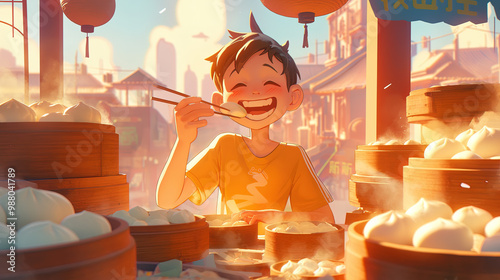 A Chinese little boy is eating xiaolongbao happily