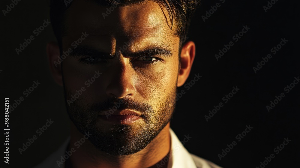 Man portrait in studio lighting, showcasing professional lighting techniques that highlight his features with dramatic shadows and highlights. Man portrait in studio lighting, showcasing professional lighting techniques that highlight his features with dramatic shadows and highlights.