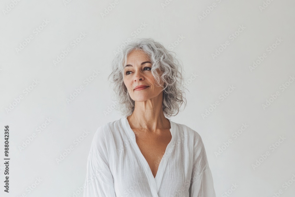 Mature woman in minimalist home on solid white background, single object Mature woman in minimalist home on solid white background, single object