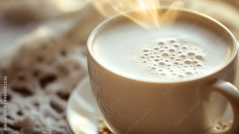 Milk in a cup, steaming slightly, possibly paired with a breakfast setting, evoking a sense of warmth and comfort.