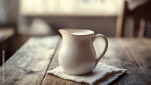 Milk in a jug, with a rustic or traditional design, placed on a wooden table, evoking a cozy, homely atmosphere.