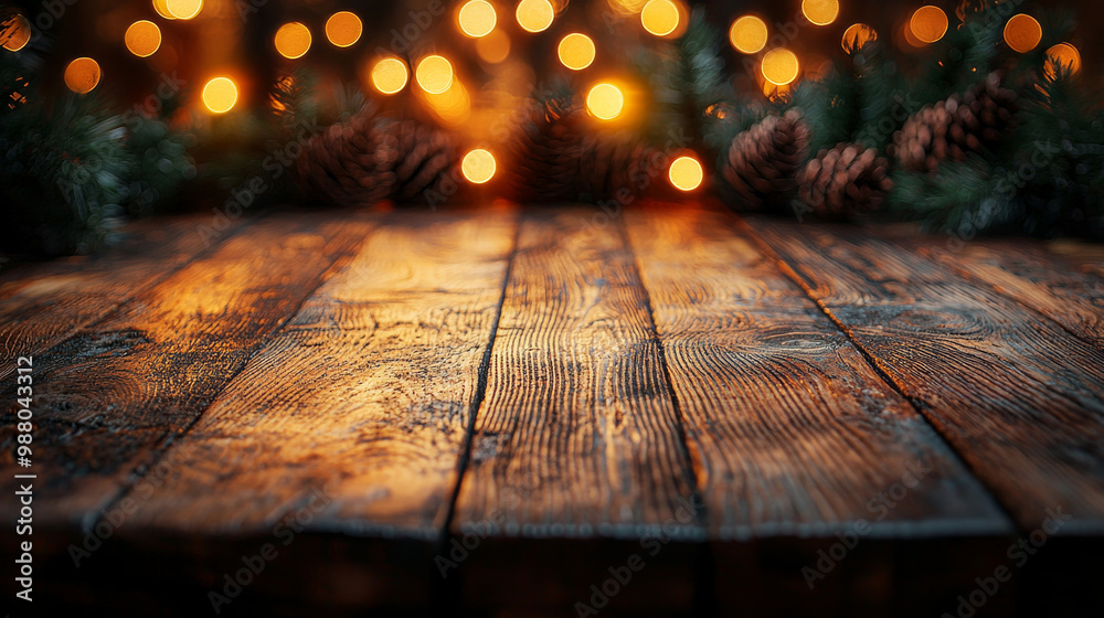 Rustic wooden table with a warm glow from Christmas lights.