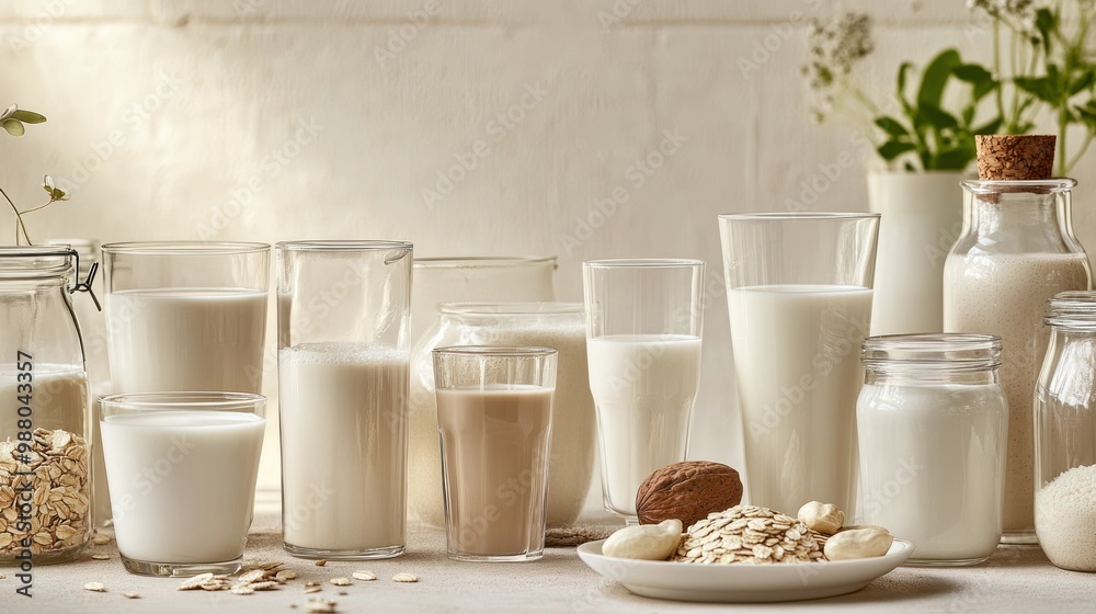 Plant-based milk varieties, featuring an assortment of milk alternatives (like almond, oat, and coconut milk) in different glasses or bottles, Plant-based milk varieties, featuring an assortment of milk alternatives (like almond, oat, and coconut milk) in different glasses or bottles,