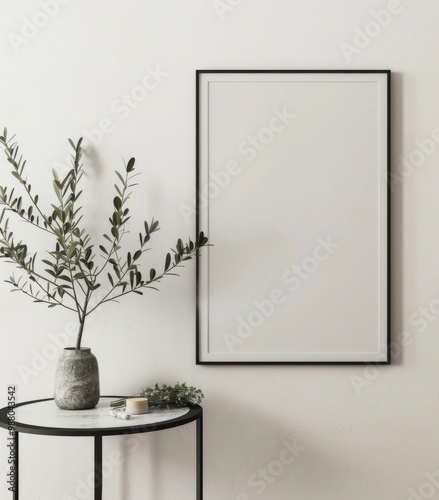 Minimalist interior with a black frame mockup on a white wall. Blank picture frame mockup on a white wall with olive tree branches in a vase.