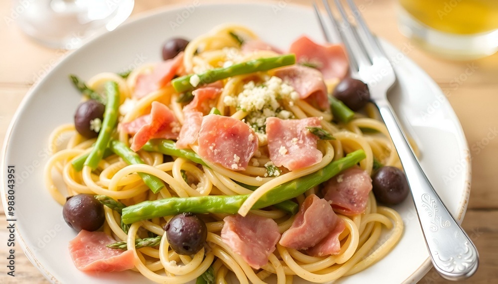 Pasta salad with green asparagus, olives and parma ham