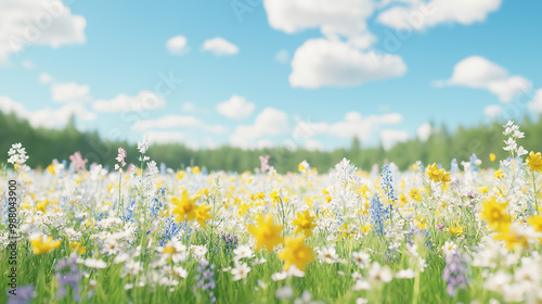 Show a meadow of flowers blossoming across the horizon. multiple different flowers and variants. show flowers closer to the screen in the foreground.