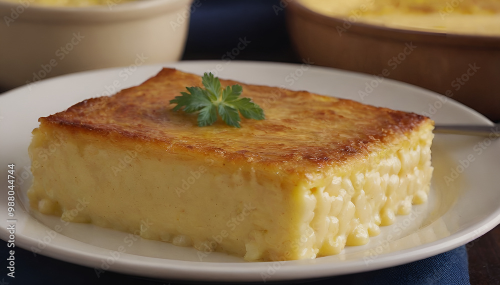 closeup of corn pudding on a plate closeup of corn pudding on a plate