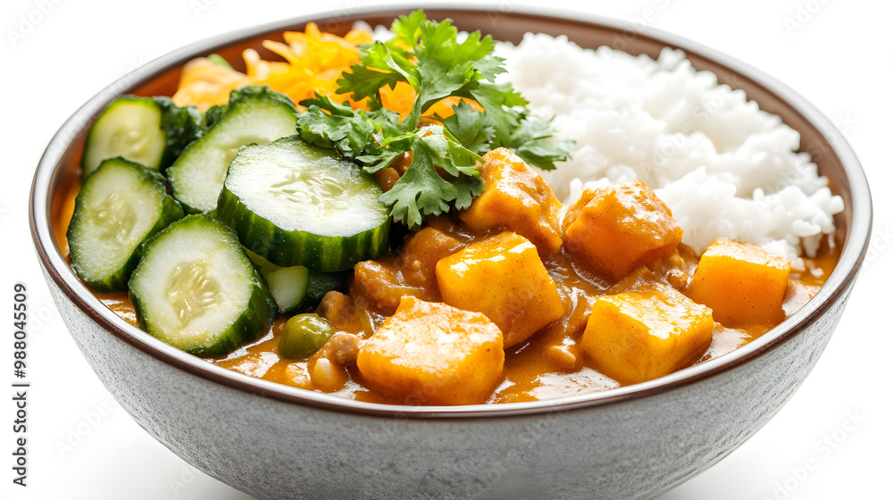 A bowl of Japanese curry served with rice and garnished with pickles
