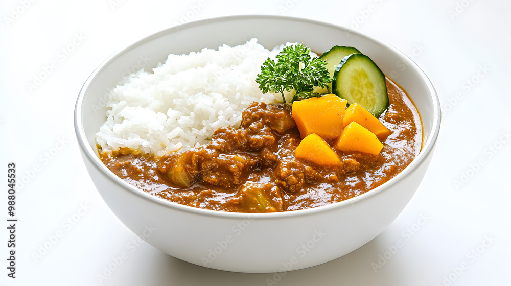 A bowl of Japanese curry served with rice and garnished with pickles A bowl of Japanese curry served with rice and garnished with pickles