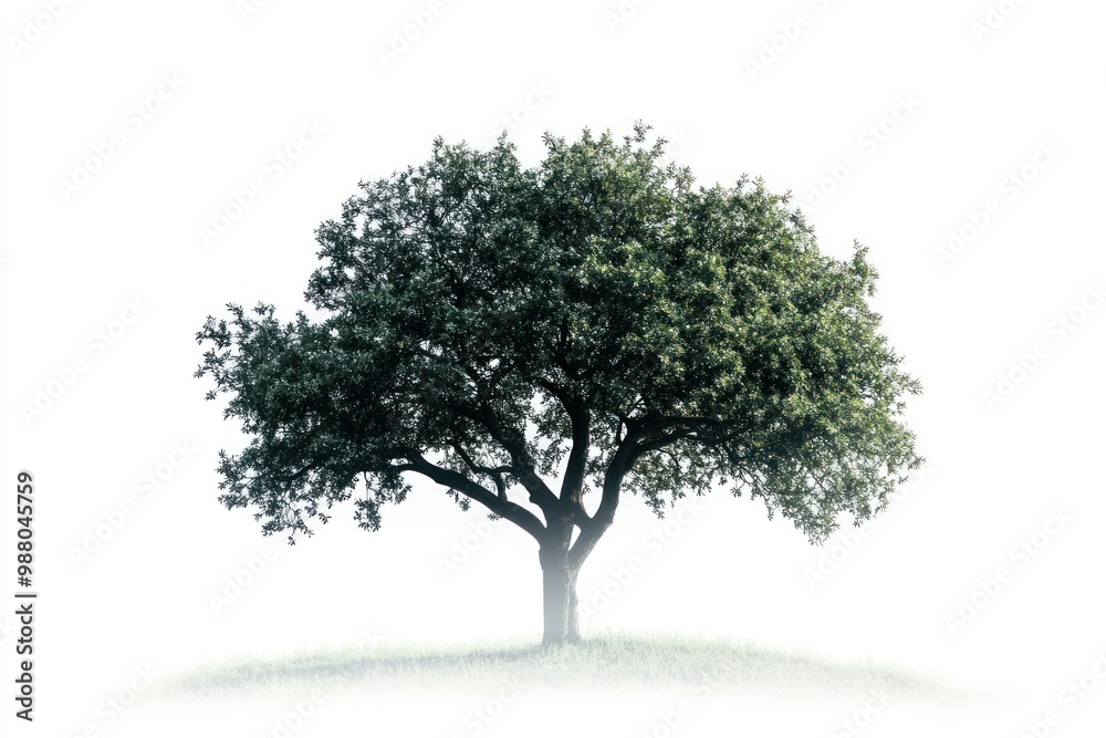 Fototapeta premium Tree in fog illustration with misty atmosphere on solid white background, single object