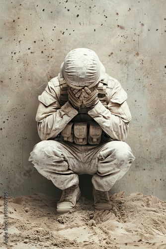 A soldier in desert camouflage crouches against a wall, covering his face with his hands, conveying stress or despair in a war zone. photo