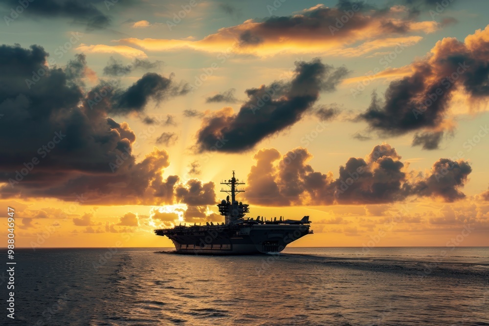 Aircraft carrier sailing at sunset with dramatic clouds. Military and naval concept. Aircraft carrier sailing at sunset with dramatic clouds. Military and naval concept.
