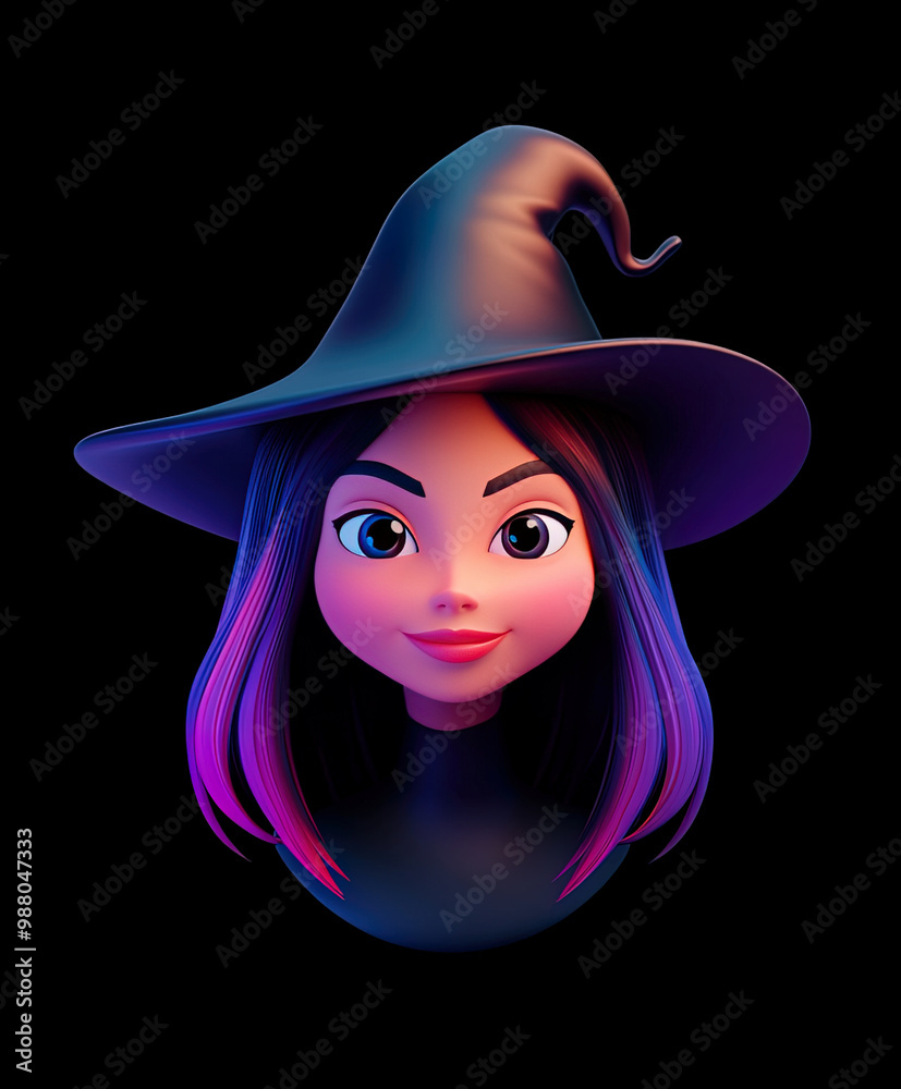 3d cute icon of witch for halloween, isolated on black background 3d cute icon of witch for halloween, isolated on black background