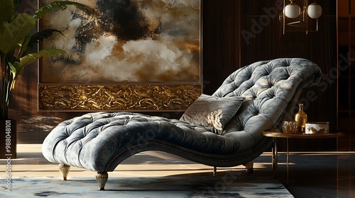 A Luxurious Blue Velvet Chaise Lounge in a Modern Interior photo