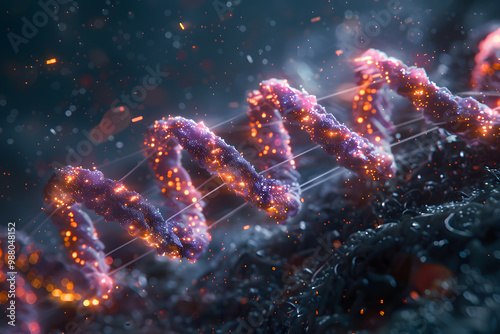 a close-up view of science and technology elements featuring glowing DNA membranes and various microscopic molecules in neon colors..