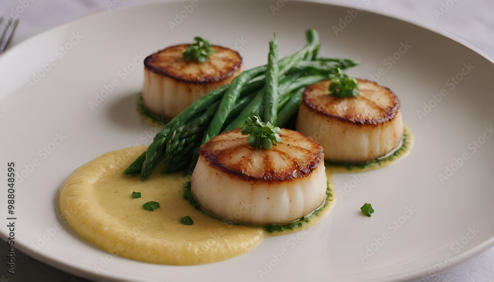 seared scallops with sweet corn puree on a plate seared scallops with sweet corn puree on a plate