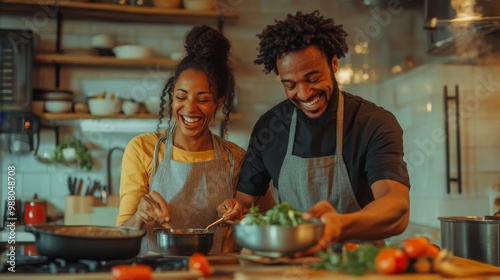 A multicultural couple cooking together in a modern kitchen