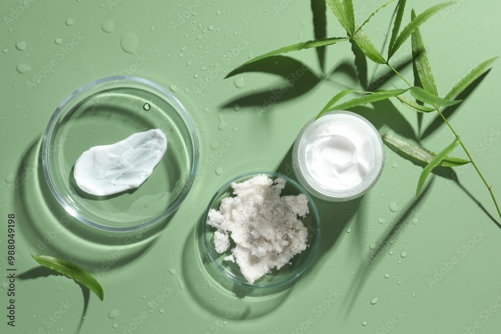 Fototapeta premium Petri dishes with cosmetic products and leaves on green background, flat lay