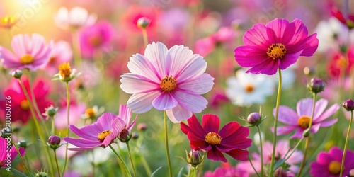 Fototapeta Naklejka Na Ścianę i Meble -  Vibrant cosmos flowers blooming in a beautiful garden , Cosmos, flowers, garden, vibrant, blooming, nature, petals, botanical