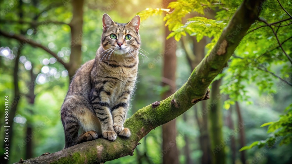 Fototapeta premium Cat sitting on a tree branch in a forest, feline, nature, wildlife, relaxation, cute, furry, whiskers, domestic animal