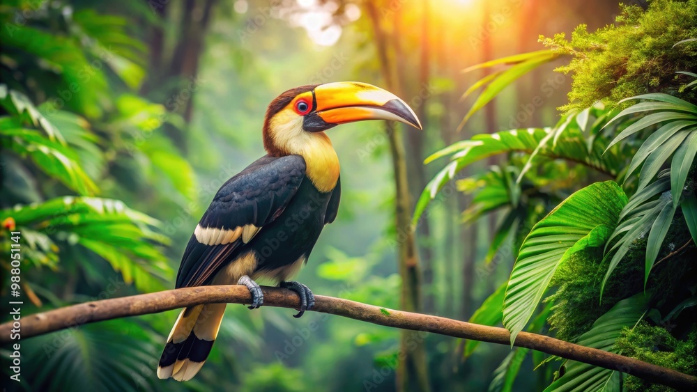 Hornbill bird perched on a branch in the jungle, hornbill, bird, tropical, wildlife, nature, jungle, vibrant, colorful, beak Hornbill bird perched on a branch in the jungle, hornbill, bird, tropical, wildlife, nature, jungle, vibrant, colorful, beak