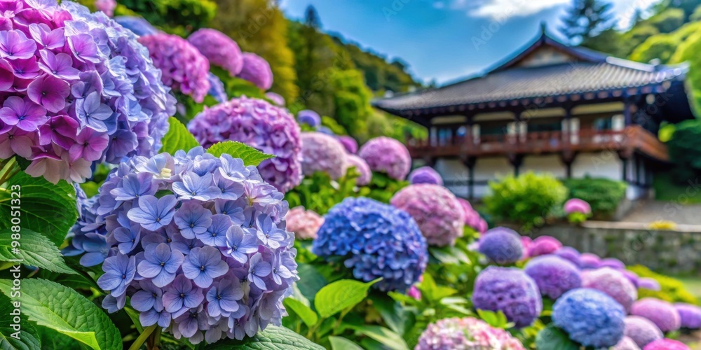 Obraz premium Hydrangeas in full bloom at a famous Kyoto garden, Kyoto, Japan, hydrangeas, flowers, garden, nature, botanical