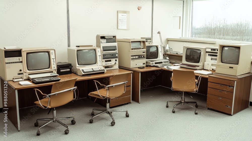 Fototapeta premium Vintage Office Space with Retro Computers and Desks