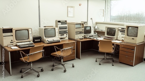 Vintage Office Space with Retro Computers and Desks