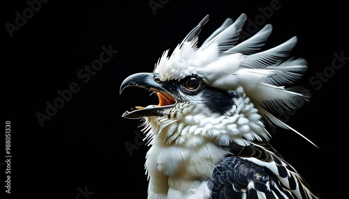 Southern crested caracara vocalizing in striking contrast to dark backdrop photo