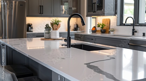 A showcase of current kitchen trends, including quartz countertops and black fixtures photo