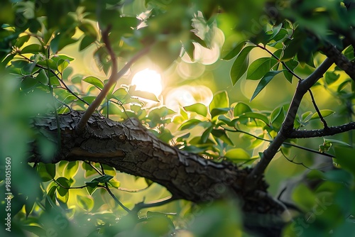 Close up view of the branches of a tree in the park. photo