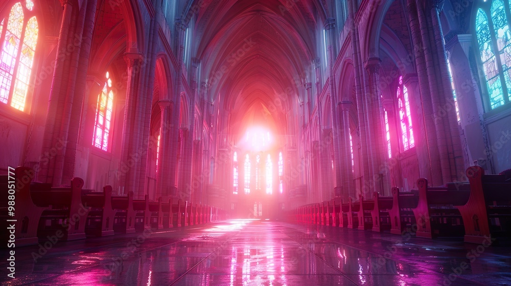 Mystical Church Interior with Stained Glass Windows Mystical Church Interior with Stained Glass Windows