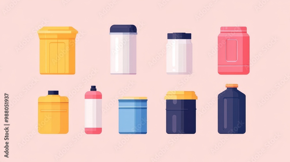 Vibrant Minimal Vector Illustration of Liquid Containers - Plastic, Metal, and Wood Barrels in Simple Geometric Shapes and Clean Lines on Pastel Background Vibrant Minimal Vector Illustration of Liquid Containers - Plastic, Metal, and Wood Barrels in Simple Geometric Shapes and Clean Lines on Pastel Background