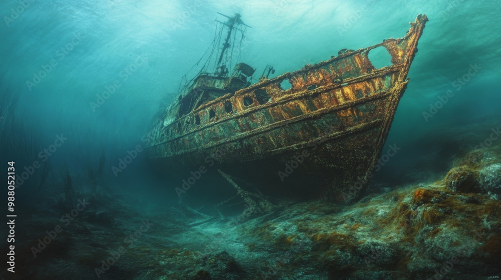 A rusty shipwreck lies on the ocean floor, surrounded by underwater life. A rusty shipwreck lies on the ocean floor, surrounded by underwater life.
