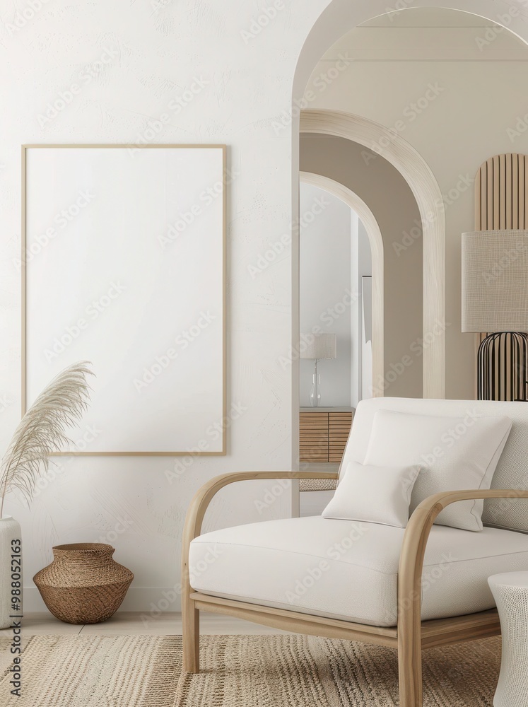Minimalist living room interior background with armchair, arch, home plant in vase. Blank picture frame mockup on white wall. .