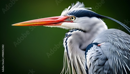 Elegant grey heron perched against a lush green backdrop photo