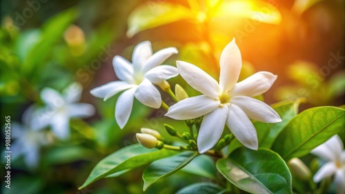 Close up of beautiful Jasminum sambac flower blooming in full glory, fragrant, ingredient, perfume