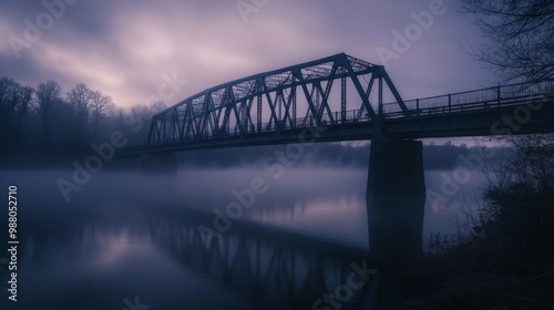 A steel bridge crossing a river with fog and a dramatic sky.