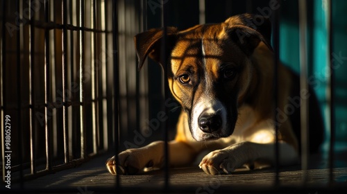 A sad dog resting in a cage, highlighting the plight of animals in shelters. photo