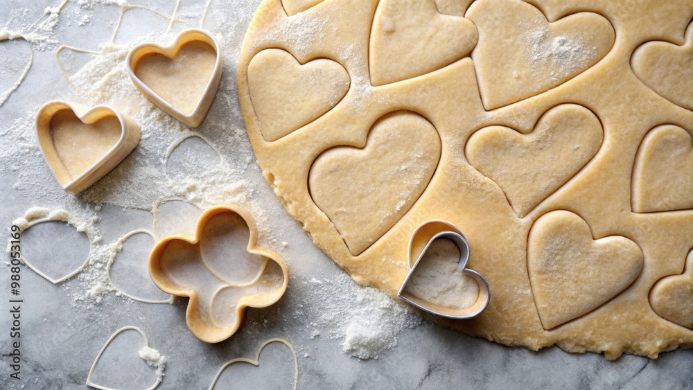 Heart shaped cookies being cut out from shortbread dough on a floured marble table , baking, dessert, homemade, preparation Heart shaped cookies being cut out from shortbread dough on a floured marble table , baking, dessert, homemade, preparation