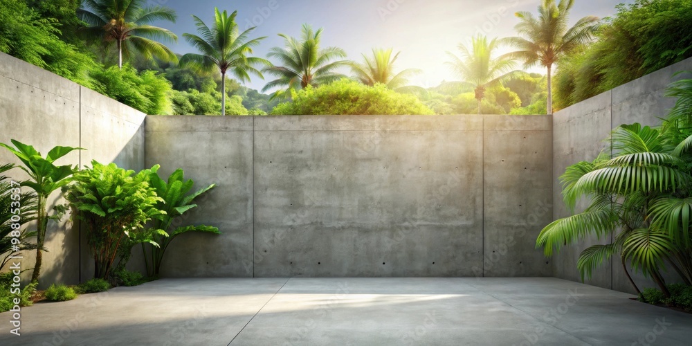 Empty exterior concrete wall with tropical garden and sunlight , concrete, wall, exterior, garden, tropical, tree, sunlight