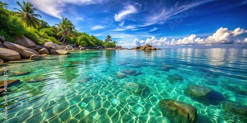 Tropical sea with crystal clear water and smooth rocks , turquoise, paradise, beach, exotic, serene, ocean, waves