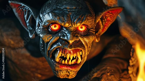 A close-up of a fantastical creature resembling a goblin, featuring glowing orange eyes, sharp teeth, and textured, stone-like skin.