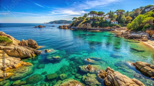 Scenic view of Palamos bay with clear blue water and rocky coastline, Palamos, Spain, Mediterranean, coastline, beach, bay