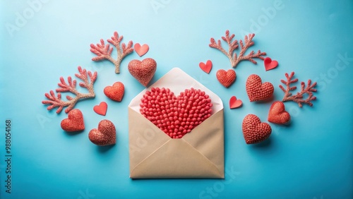 Open envelope surrounded by decorative hearts in coral colors for Valentine's Day , Valentine's Day, love, romantic