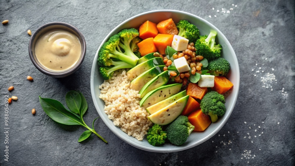 Buddha bowl salad with quinoa, avocado, broccoli, sweet potato, and tahini dressing on a gray background, Healthy Buddha bowl salad with quinoa, avocado, broccoli, sweet potato, and tahini dressing on a gray background, Healthy