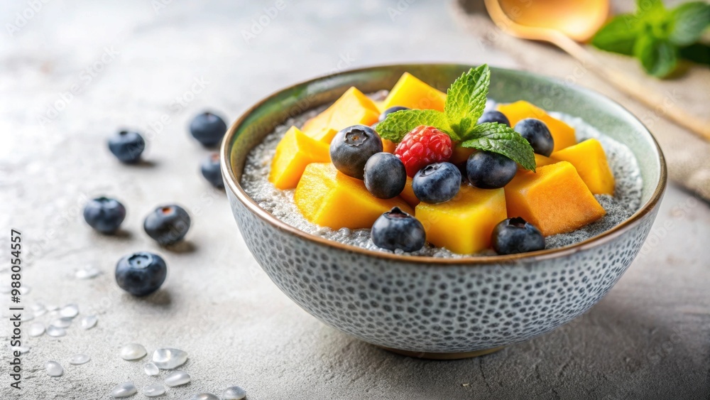 Chia seeds pudding with mango puree topped with blueberries and tropical fruits on a light background, chia seeds