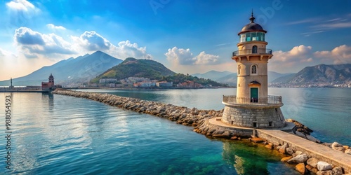 Panoramic view of an old lighthouse in Alanya port with the Mediterranean coast in the background, Alanya